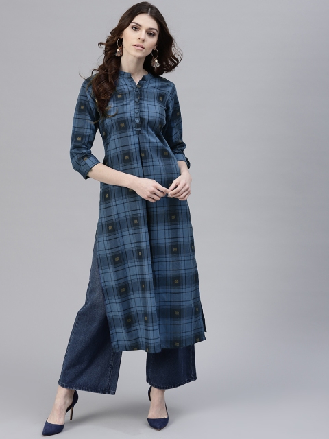 

GERUA Women Blue Checked Straight Kurta