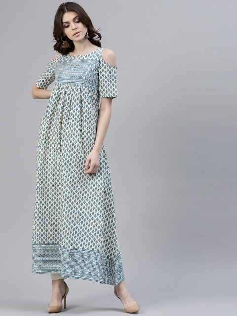 

GERUA Women Beige & Blue Printed A-Line Kurta