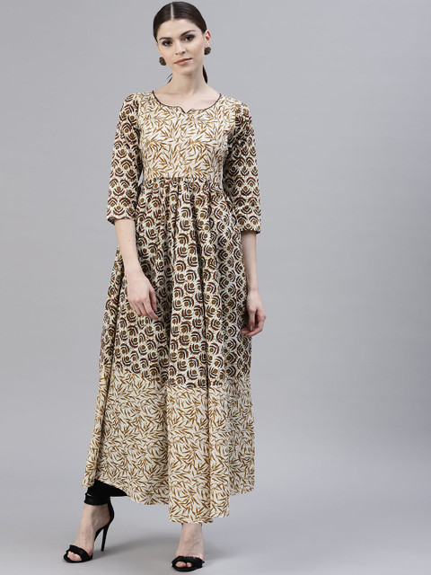 

GERUA Women Beige & Olive Brown Printed A-Line Kurta