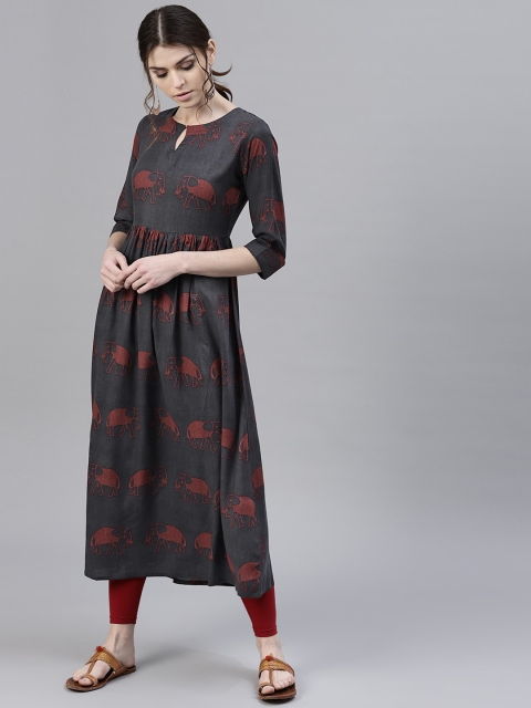 

GERUA Women Charcoal Grey & Brown Printed A-Line Kurta