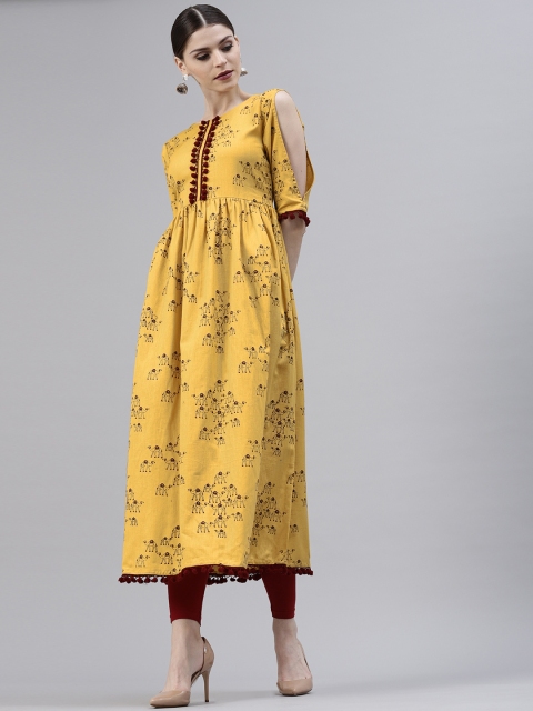 

GERUA Women Mustard Yellow Quirky Print A-Line Cold-Shoulder Kurta