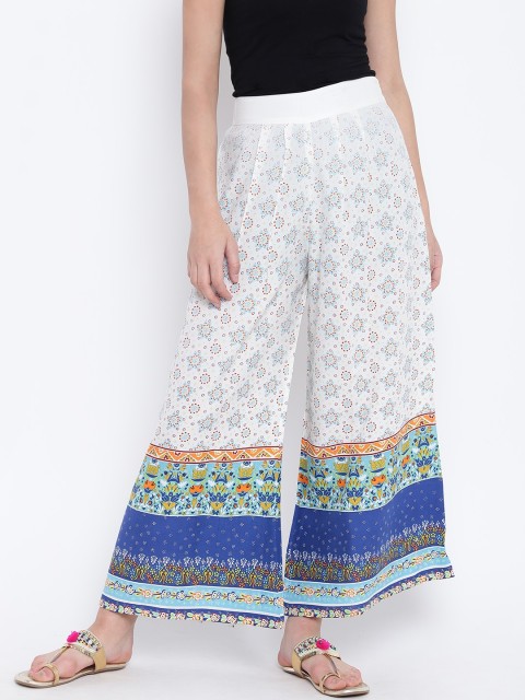 

Bronz Women Off-White & Blue Printed Wide Leg Palazzos