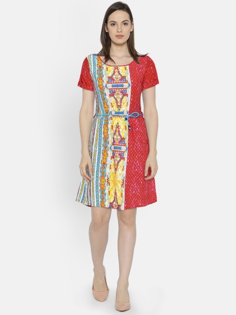 

Bronz Women Red Printed Fit & Flare Dress with Belt