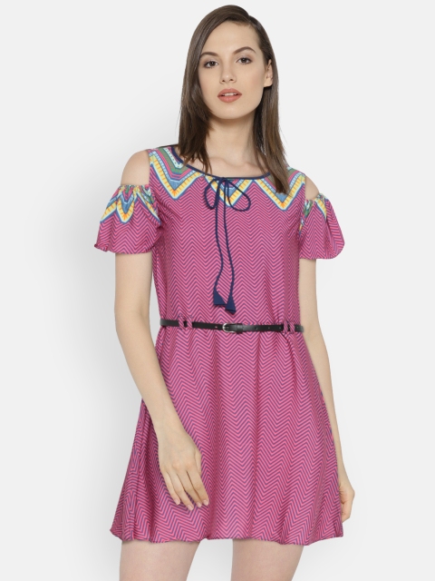 

Bronz Women Pink Chevron Print Fit & Flare Dress with Belt