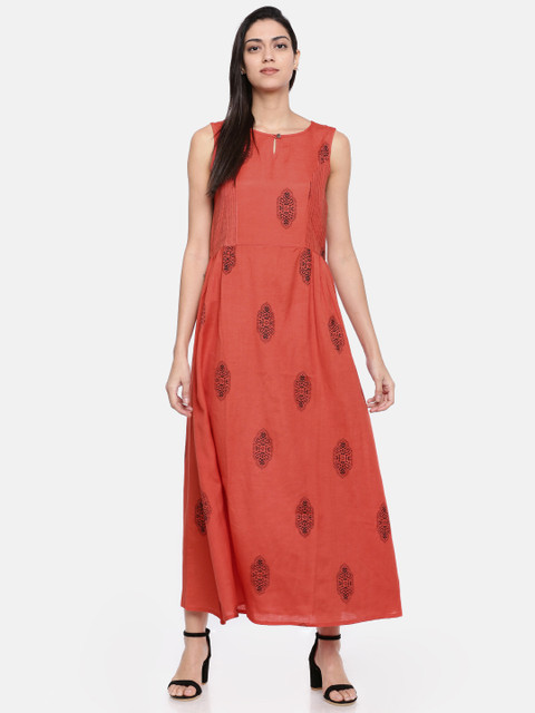 

Bronz Women Orange Printed A-Line Dress