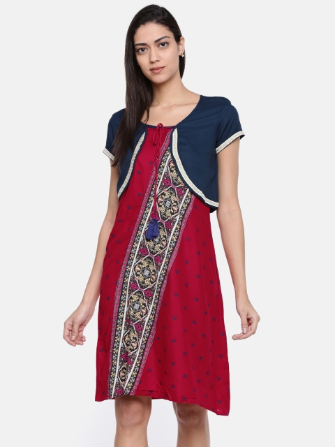 

Bronz Women Red & Navy Blue Printed A-Line Dress with Jacket