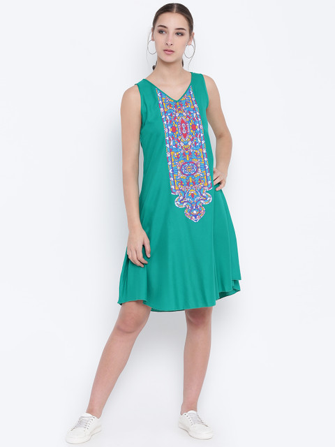 

Bronz Women Green Printed A-Line Dress