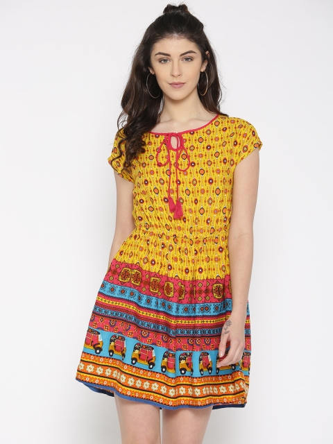 

Bronz Women Yellow Printed A-Line Dress