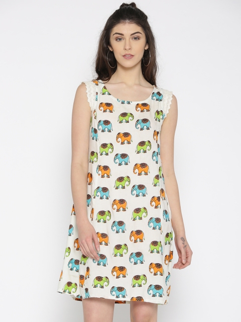 

Bronz Women Off-White Elephant Print A-Line Dress