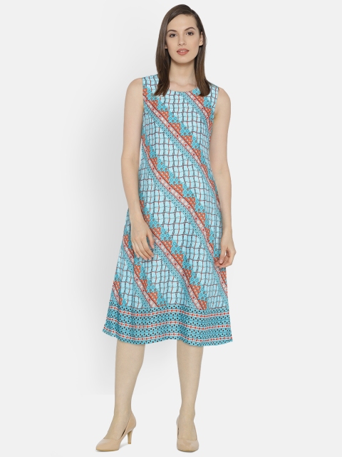 

Bronz Women Blue Printed A-Line Dress