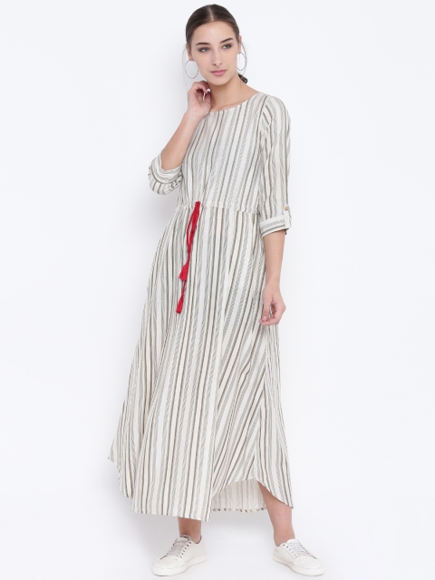 

Bronz Women Beige & Olive Green Striped Maxi Dress