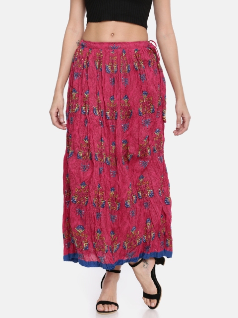 

Bronz Women Pink Floral Printed Flared Maxi Pure Cotton Skirt