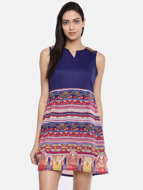 

Bronz Women Blue Printed A-Line Dress