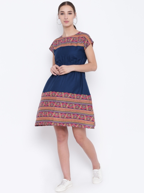 

Bronz Women Navy Blue Printed Fit and Flare Dress