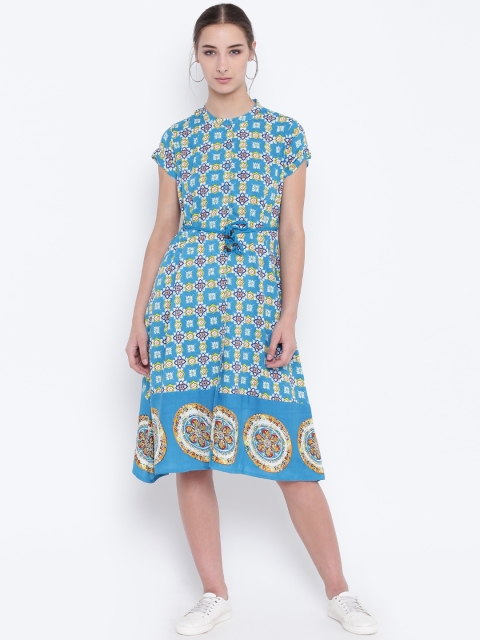 

Bronz Women Blue Printed A-Line Dress