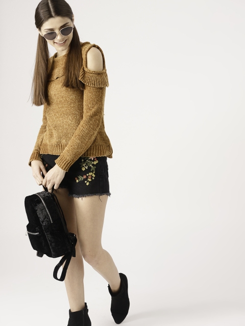 

DressBerry Women Mustard Brown Ribbed Pullover