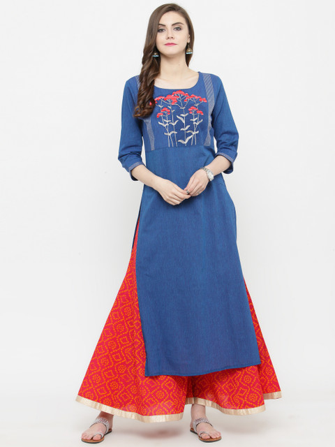 

Varanga Blue Embroidered Straight Kurta With Fuschia Bandhani Flared Palazzo