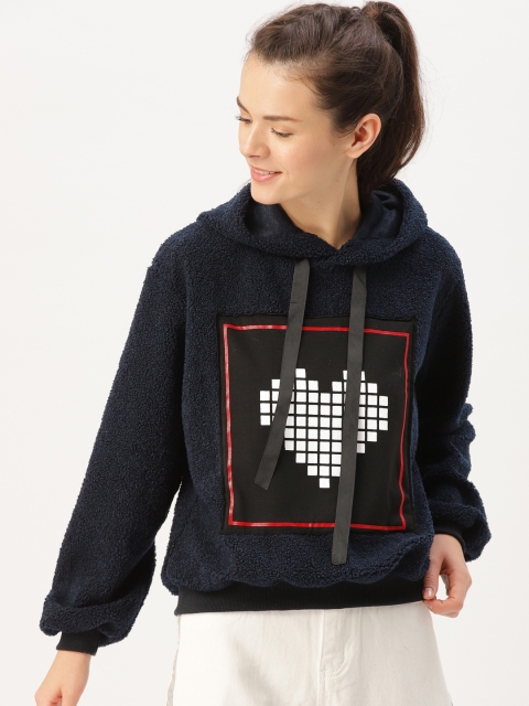 

DressBerry Women Navy & Black Printed Hooded Sweatshirt, Navy blue