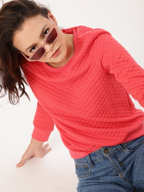 

DressBerry Women Coral Pink Self Design Sweatshirt