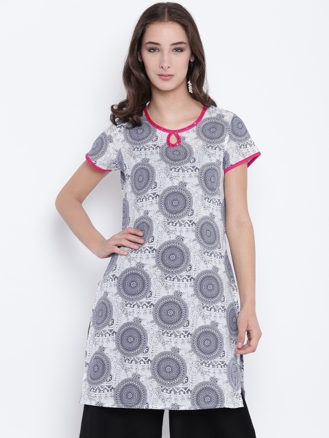 

Karigari Women Blue & White Printed Straight Kurta