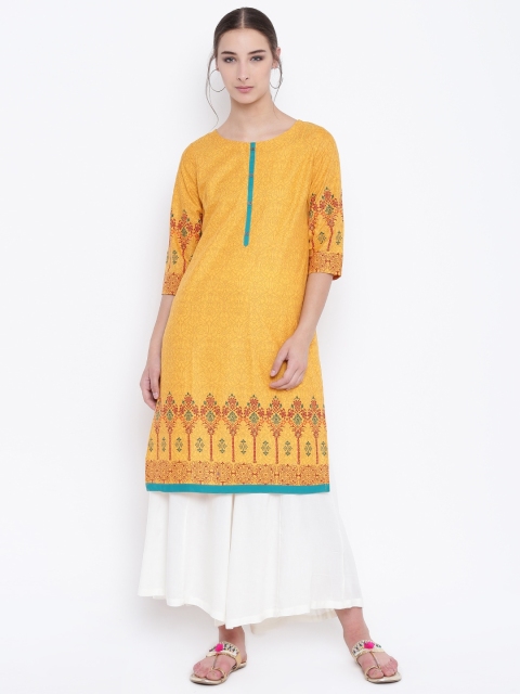 

Karigari Women Mustard Yellow Printed Straight Kurta