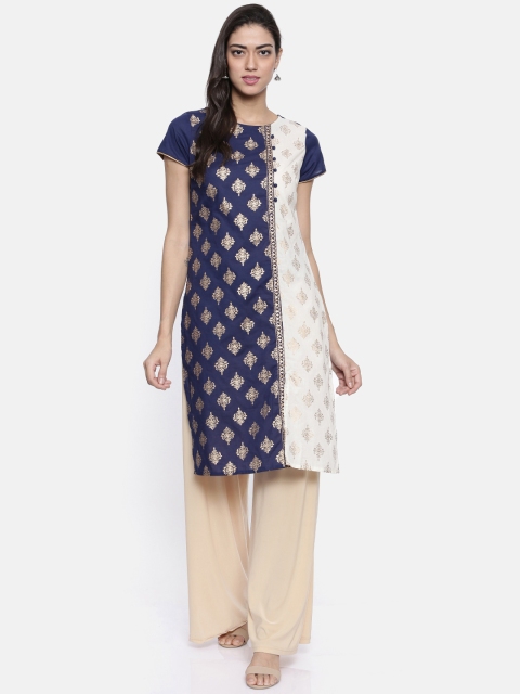 

Karigari Women Navy Blue & Off-White Colourblocked Straight Kurta