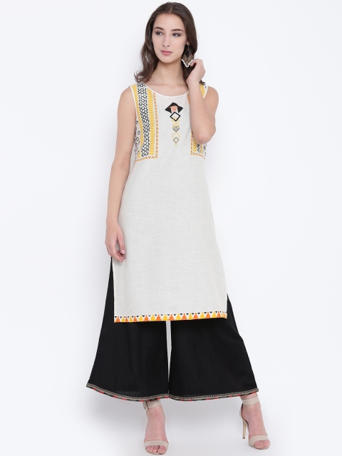 

Karigari Women Off-White & Yellow Yoke Design Straight Kurta