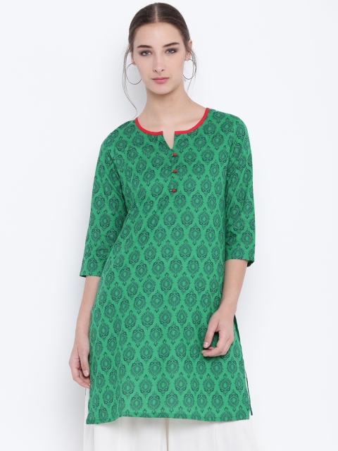 

Karigari Women Green & Navy Blue Printed Straight Kurta