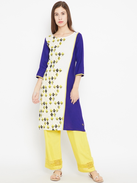 

Karigari Women White & Blue Printed Straight Kurta