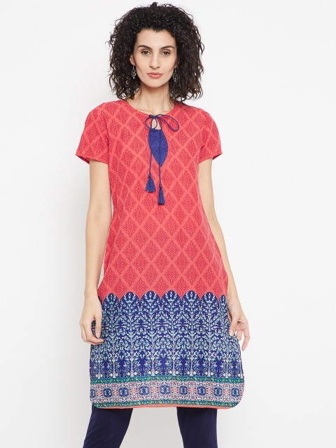 

Karigari Women Coral Red & Blue Printed Straight Kurta