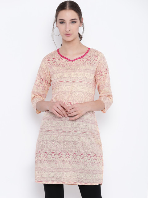 

Karigari Women Pink & Cream-Coloured Printed Straight Kurta