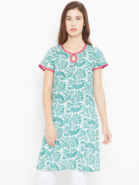 

Karigari Women White & Green Printed Straight Kurta