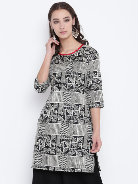 

Karigari Women Black & Off-White Printed Straight Kurta
