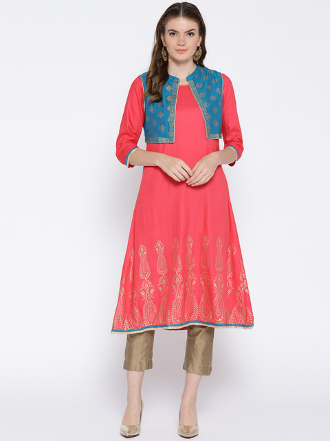 

Anahi Women Fuchsia & Teal Green Printed A-Line Kurta with Ethnic Jacket