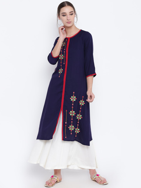 

Anahi Women Navy Blue Embroidered A-Line Kurta
