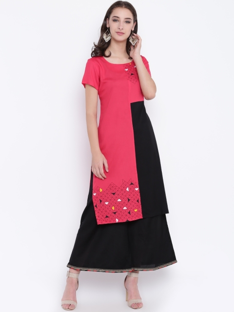 

Karigari Women Coral Red & Black Colourblocked Straight Kurta