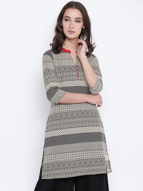 

Karigari Women Beige & Black Printed Straight Kurta
