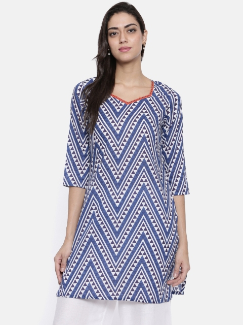 

Karigari Women Navy Blue & White Printed Straight Kurta