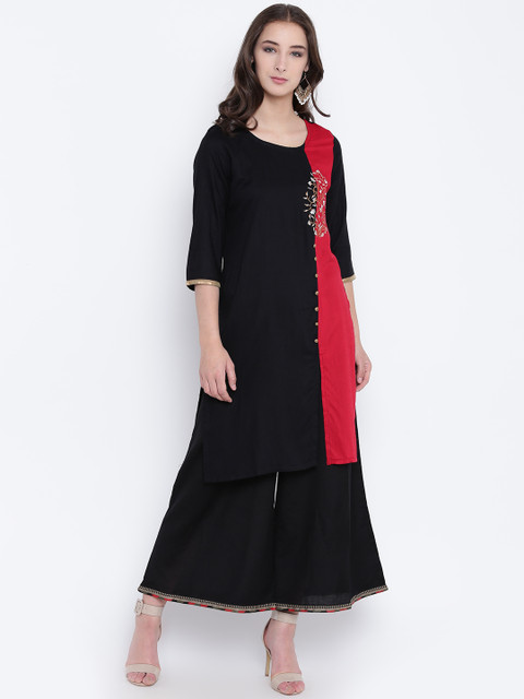 

Karigari Women Black & Red Colourblocked Straight Kurta