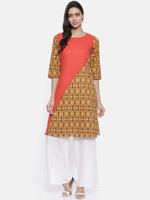 

Anahi Women Red & Mustard Yellow Colourblocked A-Line Kurta