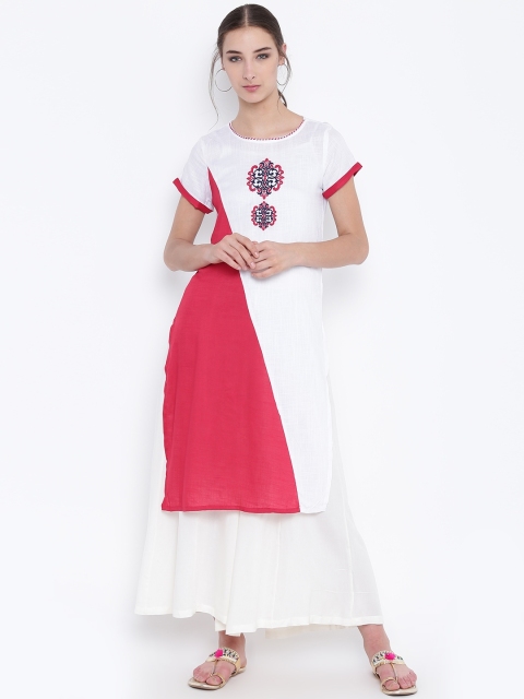 

Karigari Women White & Red Colourblocked Straight Kurta