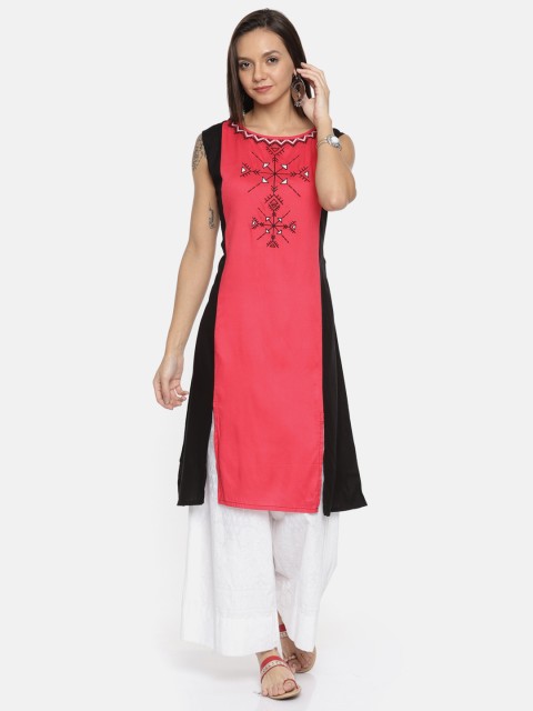 

Karigari Women Coral Pink & Black Colourblocked A-Line Kurta
