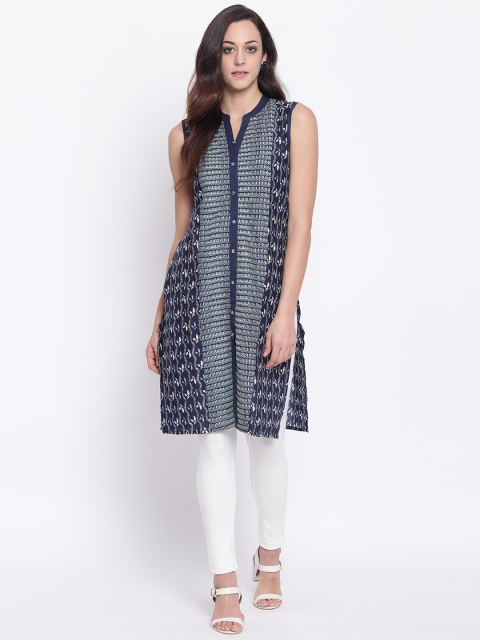 

Karigari Women Navy Blue & Off-White Printed Straight Kurta
