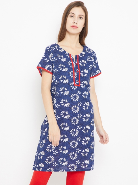 

Karigari Women Navy Blue & White Floral Print Straight Kurta