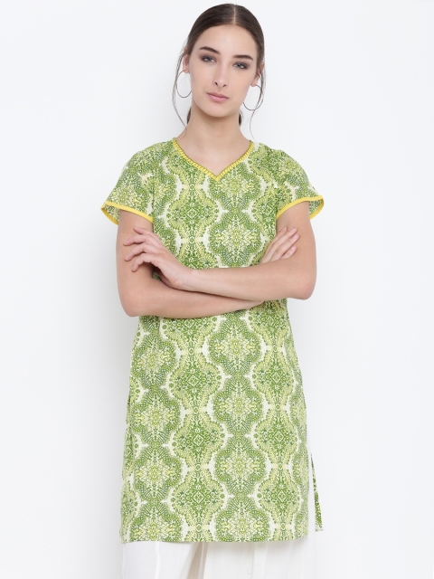 

Karigari Women Green & White Printed Straight Kurta