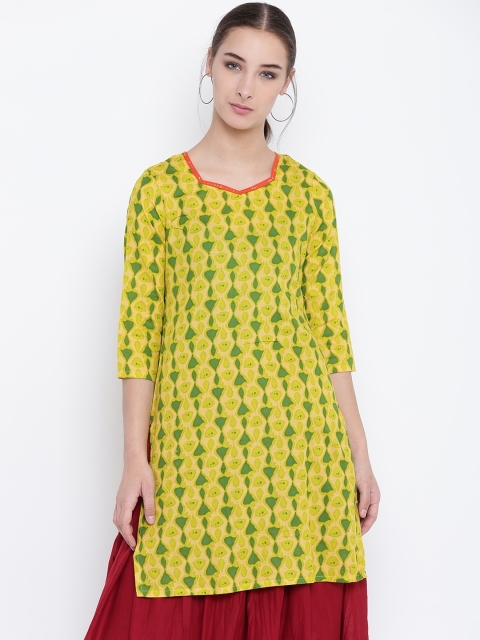 

Karigari Women Yellow & Green Printed A-Line Kurta