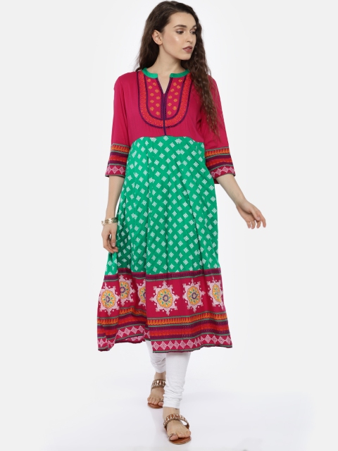 

Anahi Women Green & Pink Printed A-Line Kurta