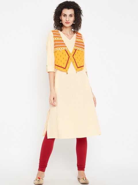 

Anahi Women Cream-Coloured & Yellow Solid Straight Kurta with Ethnic Jacket