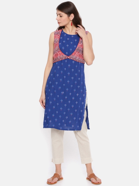 

Karigari Women Blue & Red Printed Straight Kurta