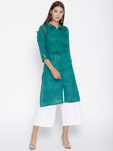 

Karigari Women Teal Green Printed Straight Kurta